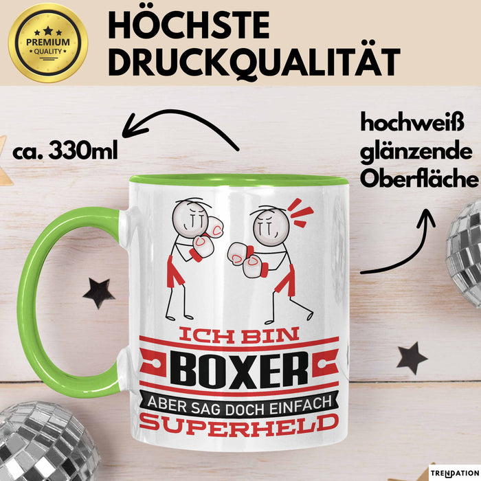 Boxer Geschenk Tasse Ich Bin Boxer Aber Sag Doch Einfach Superheld Lustige Geschenkdiee für Boxer Kaffee-Becher Grün Trendation