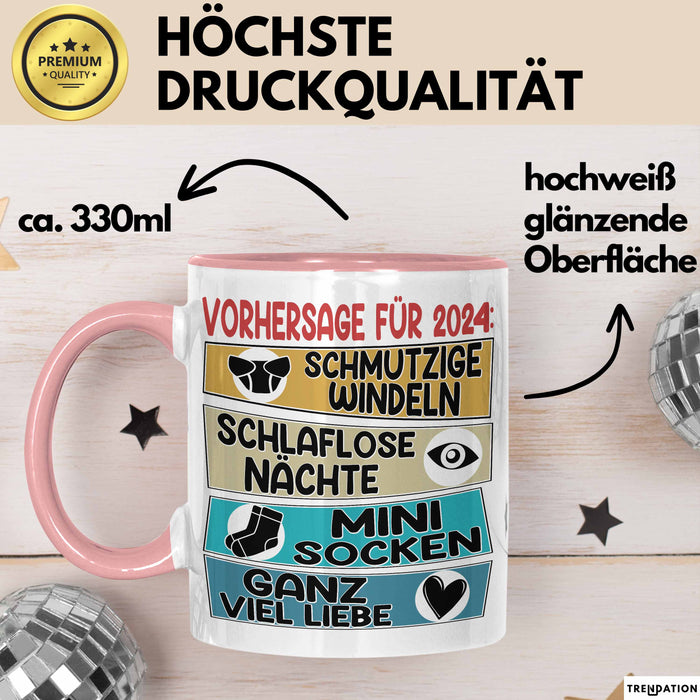 Schwangerschaft Verkünden 2025 Tasse Geschenk Mann Vorhersage für 2025 Schmutzige Windeln Schlaflose Nächte Kaffee-Becher Rosa Trendation