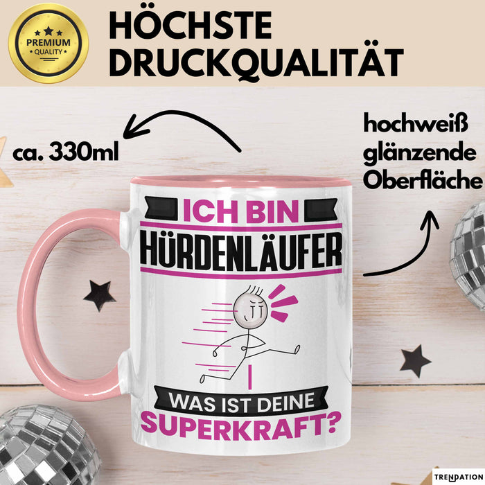 Hürdenläufer Tasse Geschenk für Hürdenläufer Geburtstag Lustiger Spruch Kaffee-Becher Was Ist Deine Superkraft Rosa Trendation