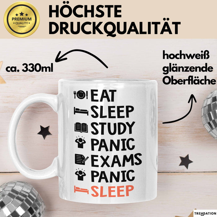 Medizinstudent Arzt Tasse Geschenk Lustige Geschenkidee Spruch Essen Schlafen Lernen Panik Prüfungen Panik Schlafen Weiß Trendation