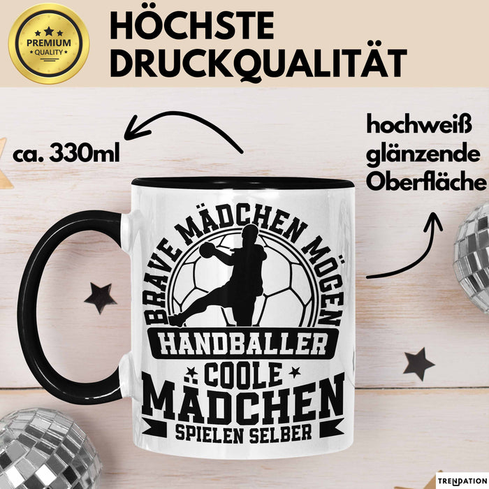 Mädchen Handball-Spielerin Tasse Geschenk Spruch Echte Mädchen Spielen Handball Geschenkidee Frauen Brave Mädchen Mögen Handballer Schwarz Trendation