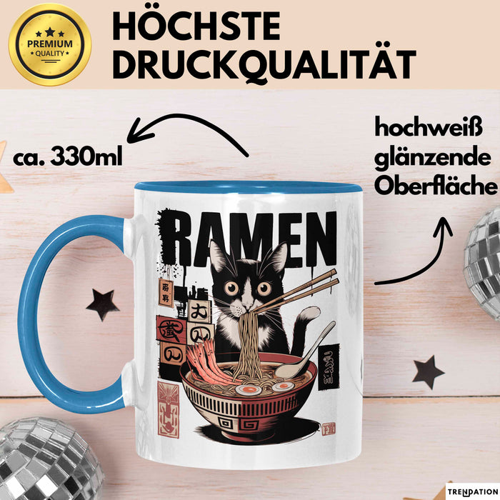 Katzen Tierliebhaber Tasse Geschenk Lustige Geschenkidee Spruch Katze Isst Ramen Nudeln Blau Trendation