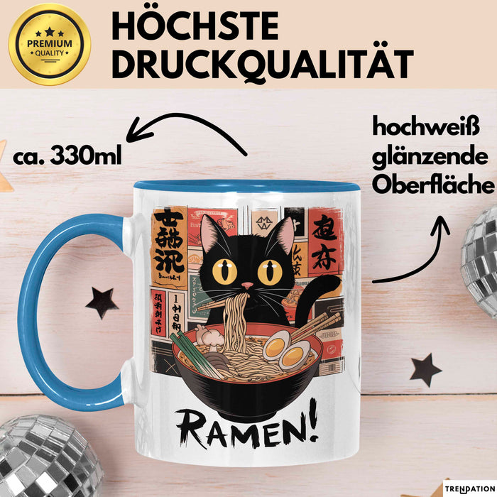 Katzen Tierliebhaber Tasse Geschenk Lustige Geschenkidee Spruch Katze Isst Ramen Nudeln Blau Trendation