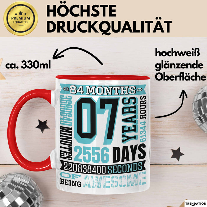 Tasse 07 Jahre Jubiläum Design mit Zeitangaben, Geschenkidee Rot Trendation