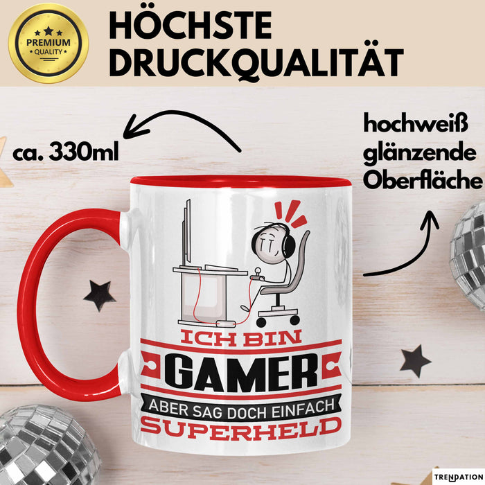 Gamer Geschenk Tasse Ich Bin Gamer Aber Sag Doch Einfach Superheld Lustige Geschenkdiee für Gamer Kaffee-Becher Rot Trendation