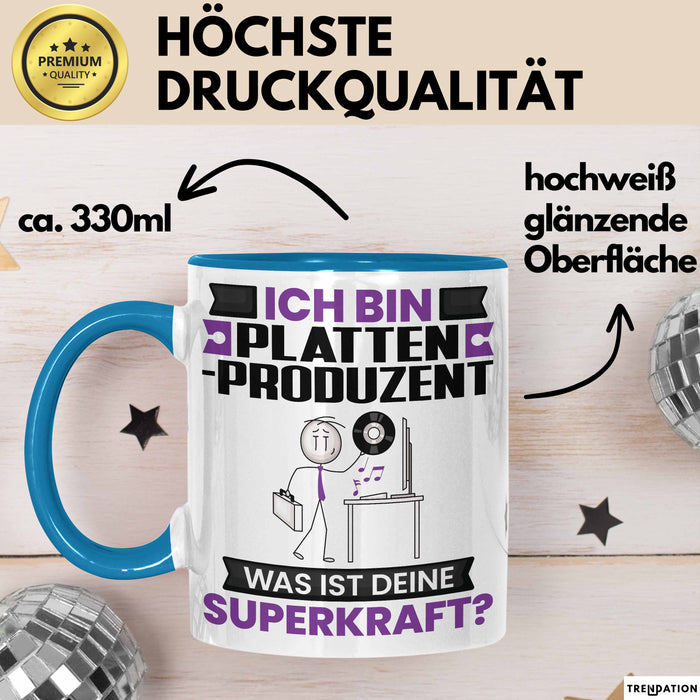 Plattenproduzent Tasse Geschenk für Plattenproduzent Geburtstag Lustiger Spruch Kaffee-Becher Was Ist Deine Superkraft Blau Trendation