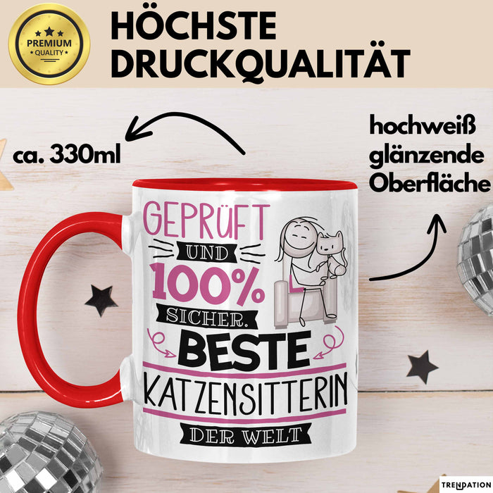 Beste Katzensitterin Der Welt Tasse Geschenk für Eine Katzensitterin Geprüft Und Sicher Geschenkidee Geburtstag Weihnachten Rot Trendation