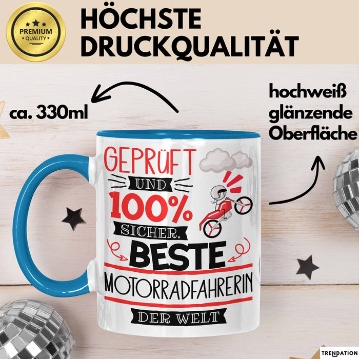 Beste Motorradfahrerin Der Welt Tasse Geschenk für Eine Motorradfahrerin Geprüft Und Sicher Geschenkidee Geburtstag Weihnachten Blau Trendation