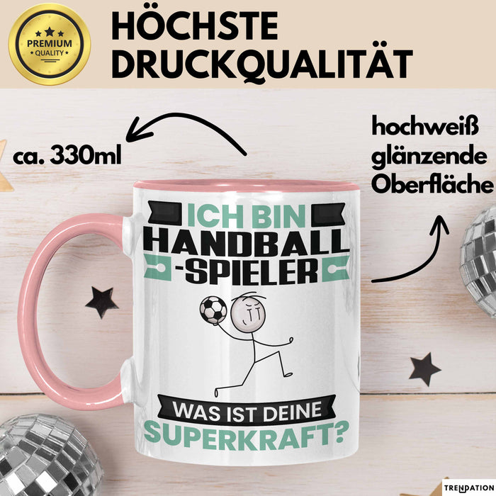 Handballspieler Tasse Geschenk für Handballspieler Geburtstag Lustiger Spruch Kaffee-Becher Was Ist Deine Superkraft Rosa Trendation