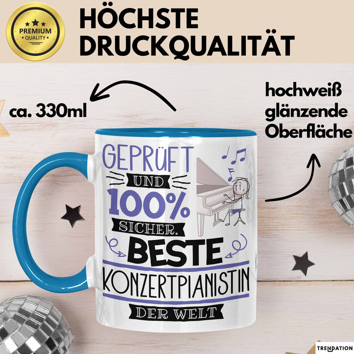 Beste Konzertpianistin Der Welt Tasse Geschenk für Eine Konzertpianistin Geprüft Und Sicher Geschenkidee Geburtstag Weihnachten Blau Trendation