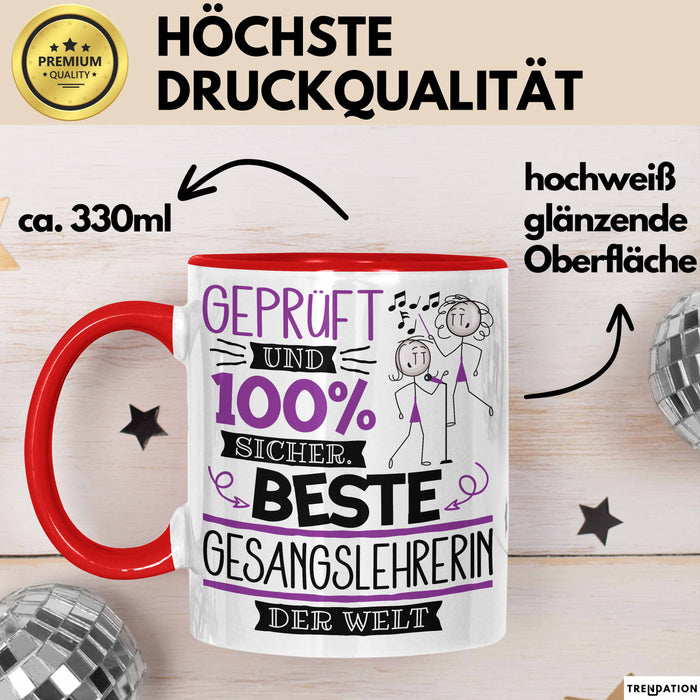 Beste Gesangslehrerin Der Welt Tasse Geschenk für Eine Gesangslehrerin Geprüft Und Sicher Geschenkidee Geburtstag Weihnachten Rot Trendation