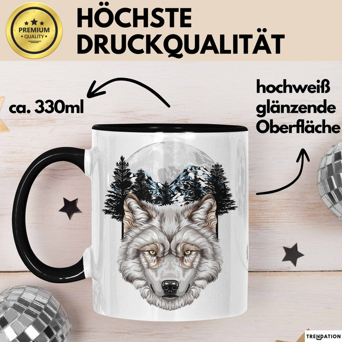 Wolf Tasse Geschenk Realistisch Berglandschaft Vollmond Geschenkidee Schwarz Trendation
