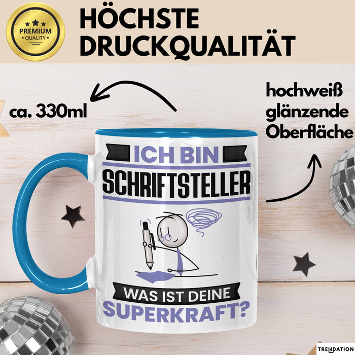 Schriftsteller Tasse Geschenk für Schriftsteller Geburtstag Lustiger Spruch Kaffee-Becher Was Ist Deine Superkraft Blau Trendation
