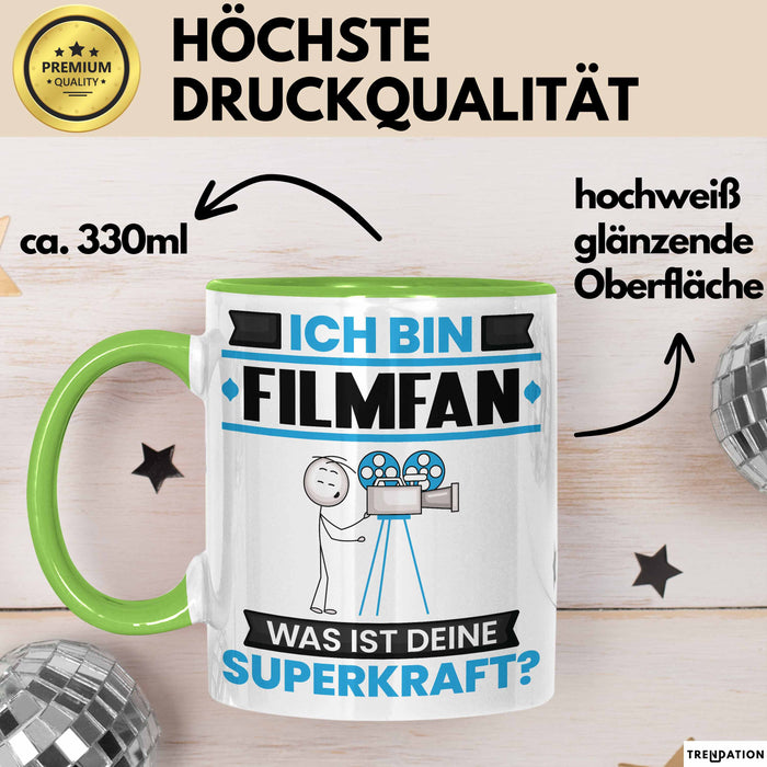 Filmfan Tasse Geschenk für Filmfan Geburtstag Lustiger Spruch Kaffee-Becher Was Ist Deine Superkraft Grün Trendation