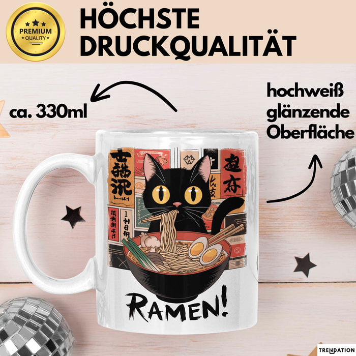Katzen Tierliebhaber Tasse Geschenk Lustige Geschenkidee Spruch Katze Isst Ramen Nudeln Weiß Trendation
