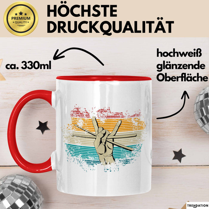 Schlagzeug-Spieler Geschenk Drummer Tasse Geschenkidee Spruch Bunte Farben Retro Schlagzeuger Rot Trendation