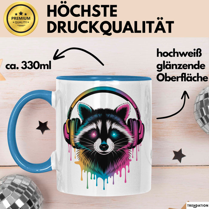Waschbär Tierliebhaber Musik Kopfhörer Tasse Geschenk Lustige Geschenkidee Spruch Blau Trendation