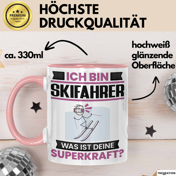 Skifahrer Tasse Geschenk für Skifahrer Geburtstag Lustiger Spruch Kaffee-Becher Was Ist Deine Superkraft Rosa Trendation