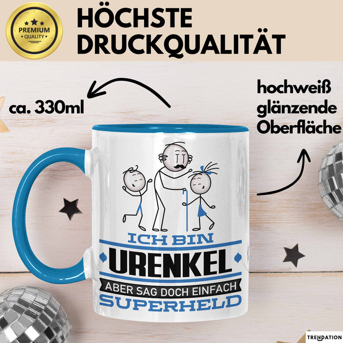 Urenkel Geschenk Tasse Ich Bin Urenkel Aber Sag Doch Einfach Superheld Lustige Geschenkdiee für Urenkel Kaffee-Becher Blau Trendation