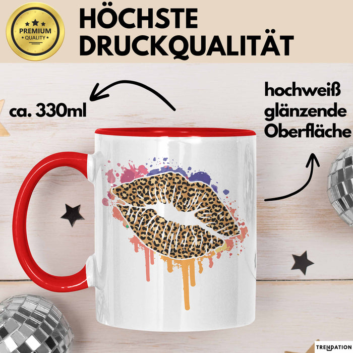 Leoparden Lippen Tasse Geschenk Cool Lips Kiss Leopardenmuster Kaffee-Tasse Geschenkidee Rot Trendation