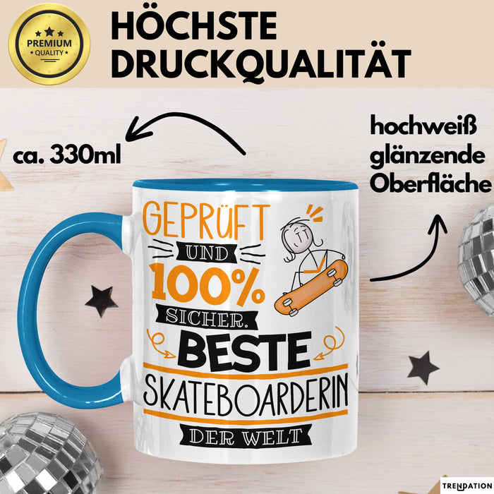 Beste Skateboarderin Der Welt Tasse Geschenk für Eine Skateboarderin Geprüft Und Sicher Geschenkidee Geburtstag Weihnachten Blau Trendation