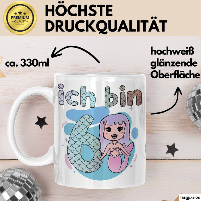 6. Geburtstag Mädchen Geschenk Meerjungfrau Geschenk Tasse für Mädchen Nymphe Nixe Becher Grafik Weiß Trendation