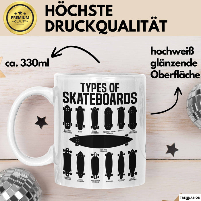 Skateboards Skater Fans Bzw Skateboard Tasse Becher Geschenk Mädchen Jungs Arten Von Skateboards Weiß Trendation