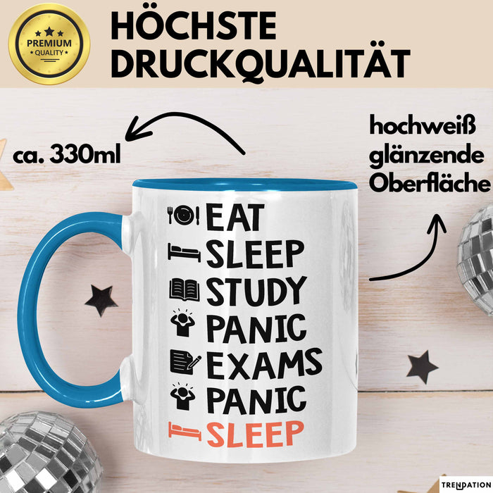 Medizinstudent Arzt Tasse Geschenk Lustige Geschenkidee Spruch Essen Schlafen Lernen Panik Prüfungen Panik Schlafen Blau Trendation