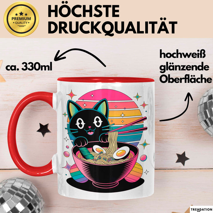 Katzen Tierliebhaber Tasse Geschenk Lustige Geschenkidee Spruch Katze Isst Ramen Nudeln Rot Trendation