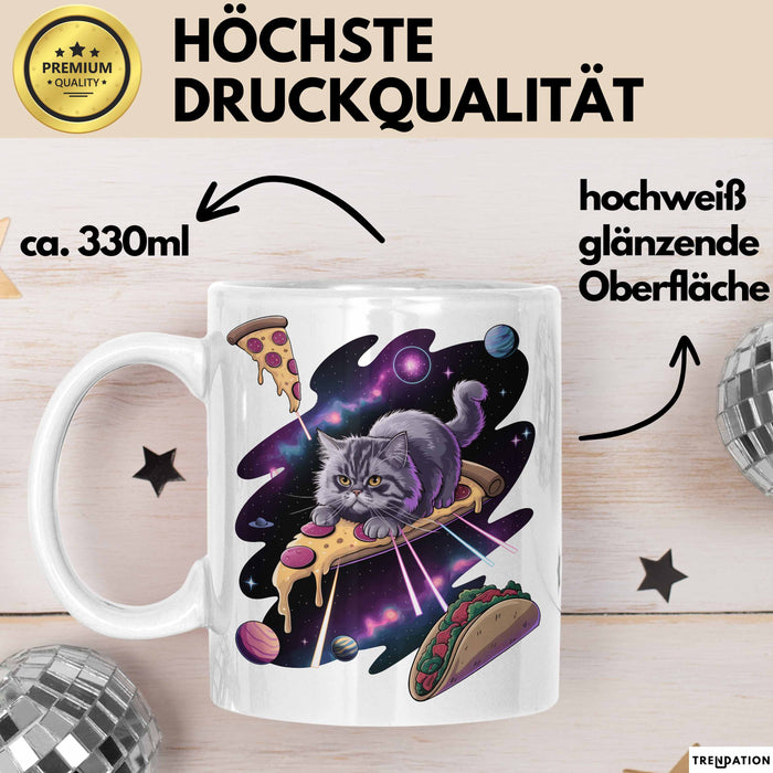 Pizzaesser Tasse Geschenk Katze isst Pizza im Weltall Lustig Weiß Trendation