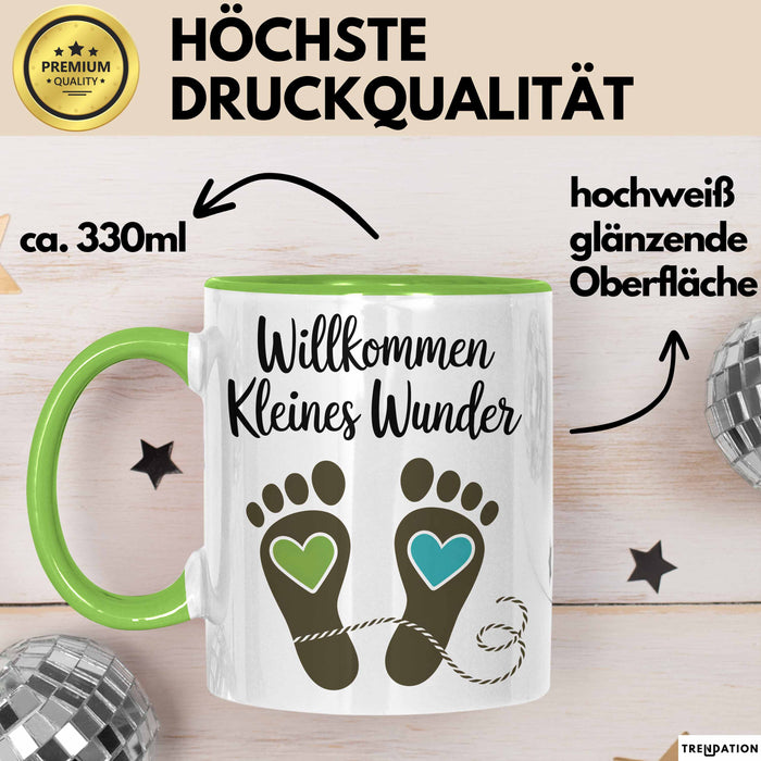 Baby Geburt Neue Eltern Tasse Geschenk Lustige Geschenkidee Spruch Willkommen Kleines Wunder Grün Trendation