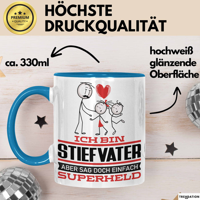Stiefvater Geschenk Tasse Ich Bin Stiefvater Aber Sag Doch Einfach Superheld Lustige Geschenkdiee für Stiefvater Kaffee-Becher Blau Trendation
