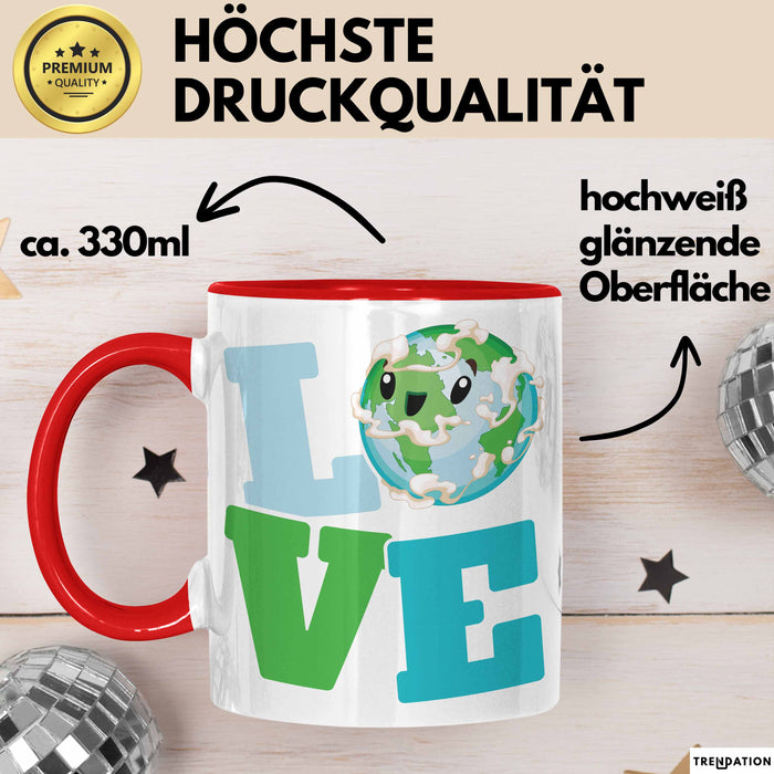Erde Tasse Geschenk LOVE Schriftzug Lächelnde Erde Geschenkidee Rot Trendation