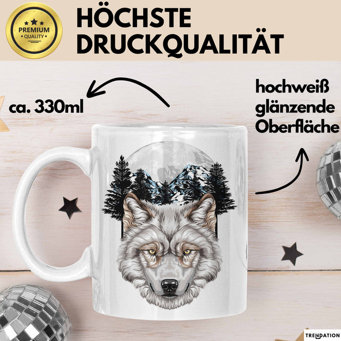 Wolf Tasse Geschenk Realistisch Berglandschaft Vollmond Geschenkidee Weiß Trendation