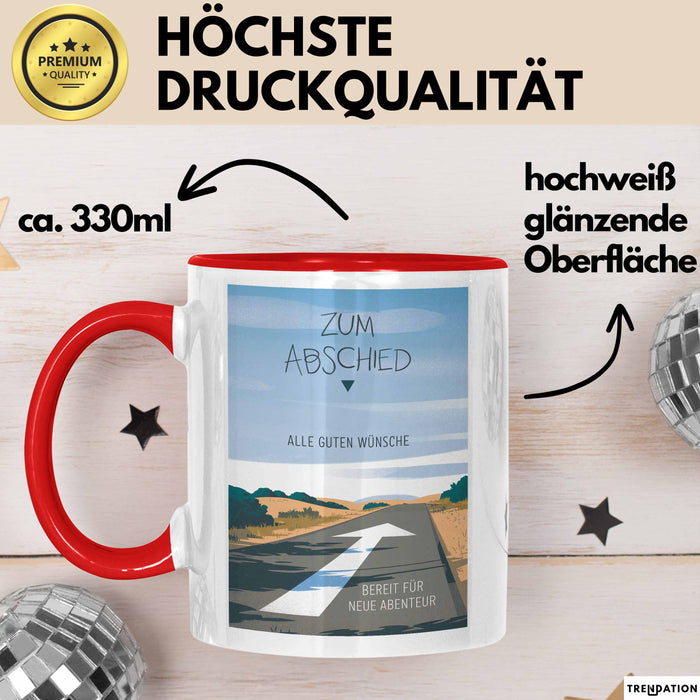 Büroarbeit Kollege Abschied Tasse Geschenk Lustige Geschenkidee Spruch Zum Abschied Alle Guten Wünsche Bereit Für Neue Abenteuer Rot Trendation