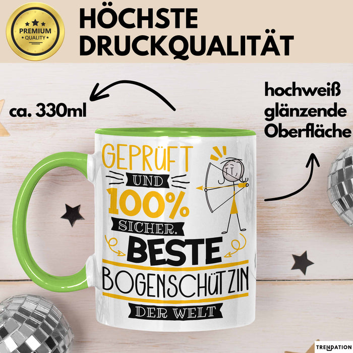 Beste Bogenschützin Der Welt Tasse Geschenk für Eine Bogenschützin Geprüft Und Sicher Geschenkidee Geburtstag Weihnachten Grün Trendation