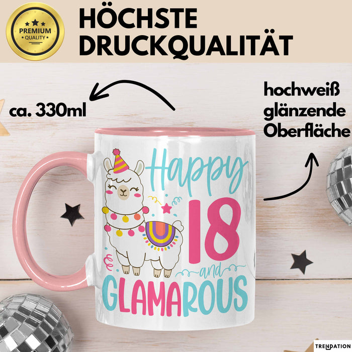 18er Geburtstag Tasse Geschenk Happy 18 And Glamarous Llama Alpaka Liebhaber Geschenkidee zum Geburtstag Rosa Trendation