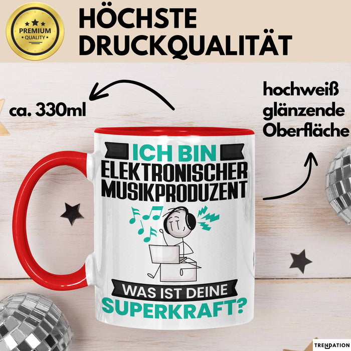Elektronischer Musikproduzent Tasse Geschenk für Elektronischer Musikproduzent Geburtstag Lustiger Spruch Kaffee-Becher Was Ist Deine Superkraft Rot Trendation