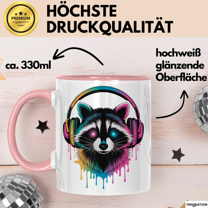 Waschbär Tierliebhaber Musik Kopfhörer Tasse Geschenk Lustige Geschenkidee Spruch Rosa Trendation