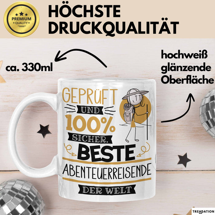 Beste Abenteuerreisende Der Welt Tasse Geschenk für Eine Abenteuerreisende Geprüft Und Sicher Geschenkidee Geburtstag Weihnachten Weiß Trendation