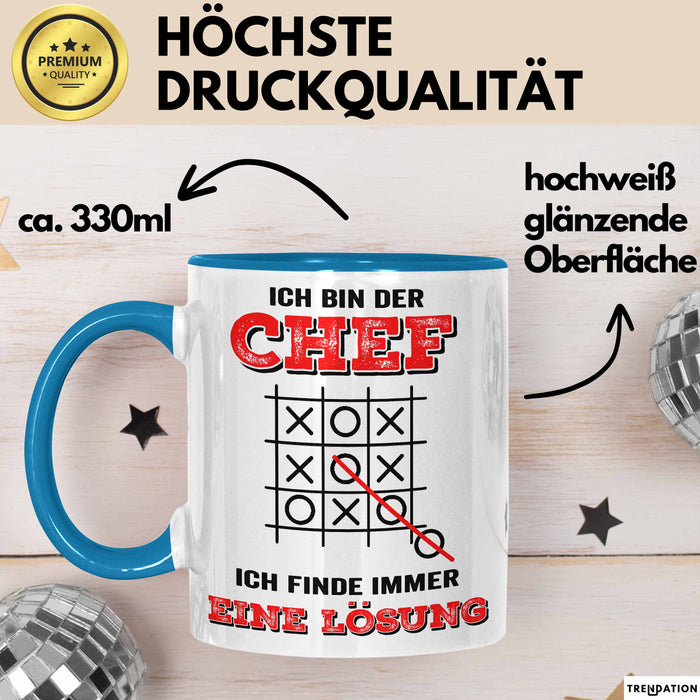 Büroarbeit Kollege Chef Tasse Geschenk Lustige Geschenkidee Spruch Ich Bin Der Chef Ich Finde Immer Eine Lösung Blau Trendation