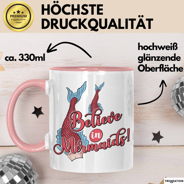 Meerjungfrau Geschenk Tasse für Mädchen Nymphe Nixe Becher Grafik Believe In Mermaids Rosa Trendation