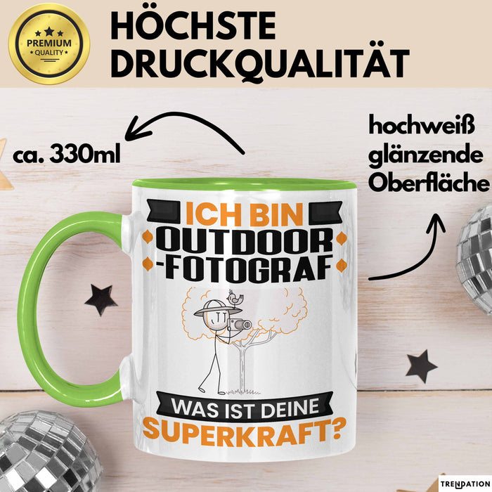 Outdoor-Fotograf Tasse Geschenk für Outdoor-Fotograf Geburtstag Lustiger Spruch Kaffee-Becher Was Ist Deine Superkraft Grün Trendation