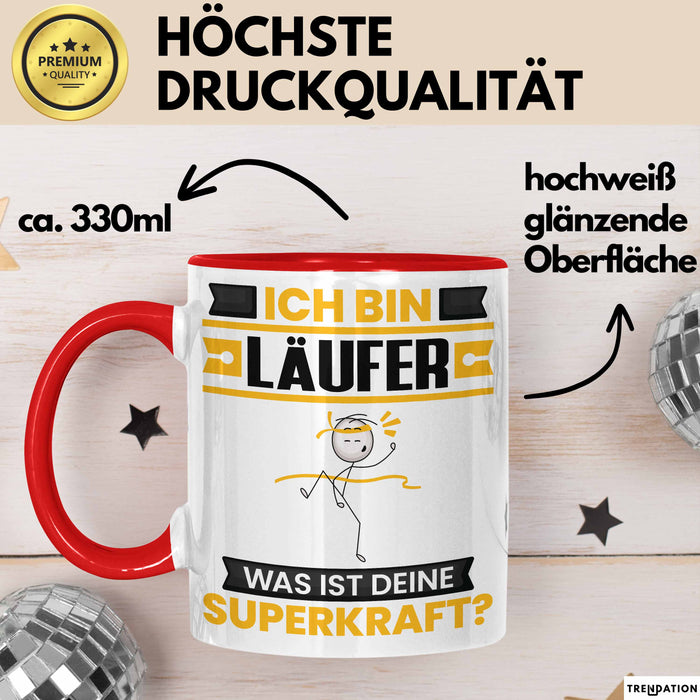 Läufer Tasse Geschenk für Läufer Geburtstag Lustiger Spruch Kaffee-Becher Was Ist Deine Superkraft Rot Trendation