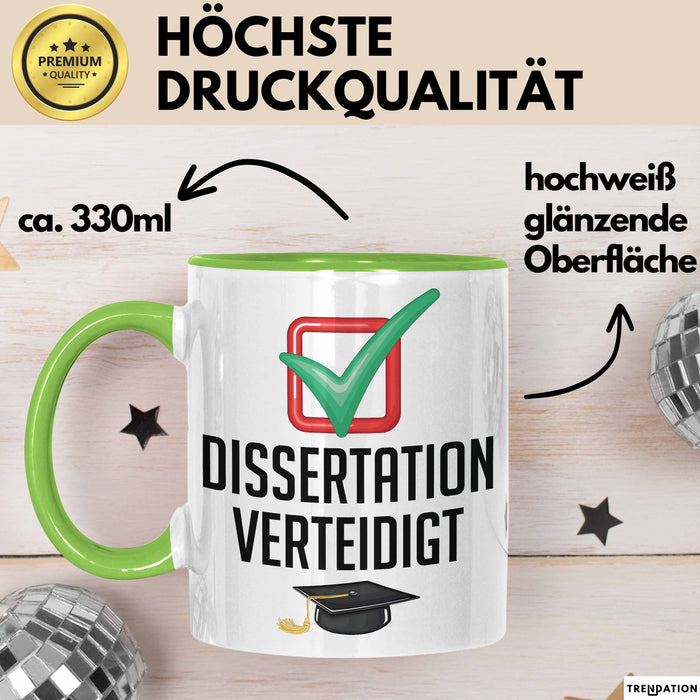 Doktorarbeit Geschafft Tasse Geschenk Dissertation Verteidigt Geschenkidee Master Doktor Kaffee-Becher Grün Trendation
