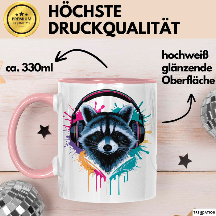 Waschbär Tierliebhaber Musik Kopfhörer Tasse Geschenk Lustige Geschenkidee Spruch Rosa Trendation