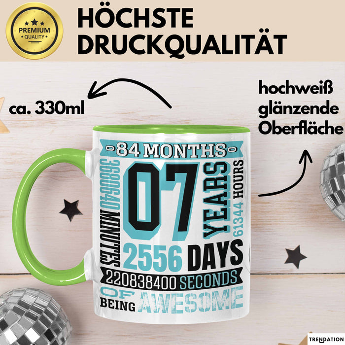 Tasse 07 Jahre Jubiläum Design mit Zeitangaben, Geschenkidee Grün Trendation