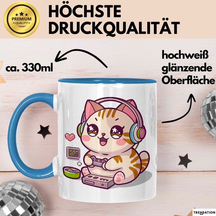 Katze Videospieler Tasse Geschenk Lustige Geschenkidee Blau Trendation