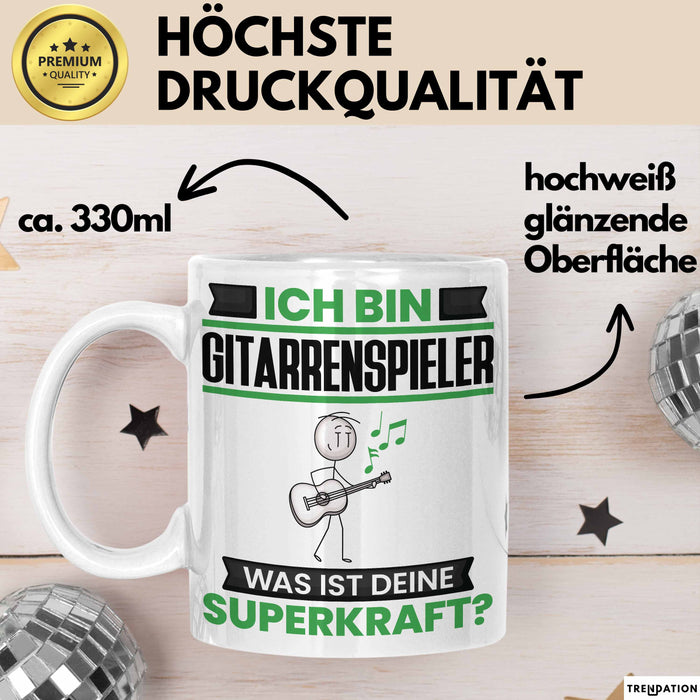 Gitarrenspieler Tasse Geschenk für Gitarrenspieler Geburtstag Lustiger Spruch Kaffee-Becher Was Ist Deine Superkraft Weiß Trendation