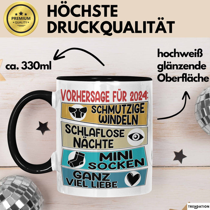 Schwangerschaft Verkünden 2025 Tasse Geschenk Mann Vorhersage für 2025 Schmutzige Windeln Schlaflose Nächte Kaffee-Becher Schwarz Trendation